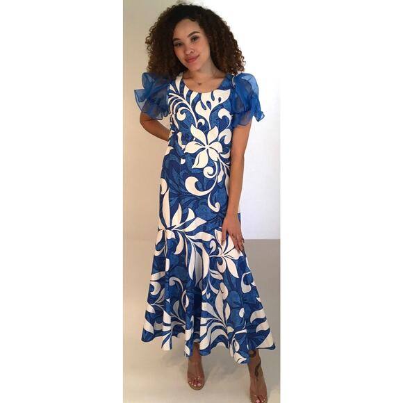 Vintage Cotton Dresses & Skirts - Vintage Dress Women's Medium Blue & White Tropical Floral Cotton Peplum Dress